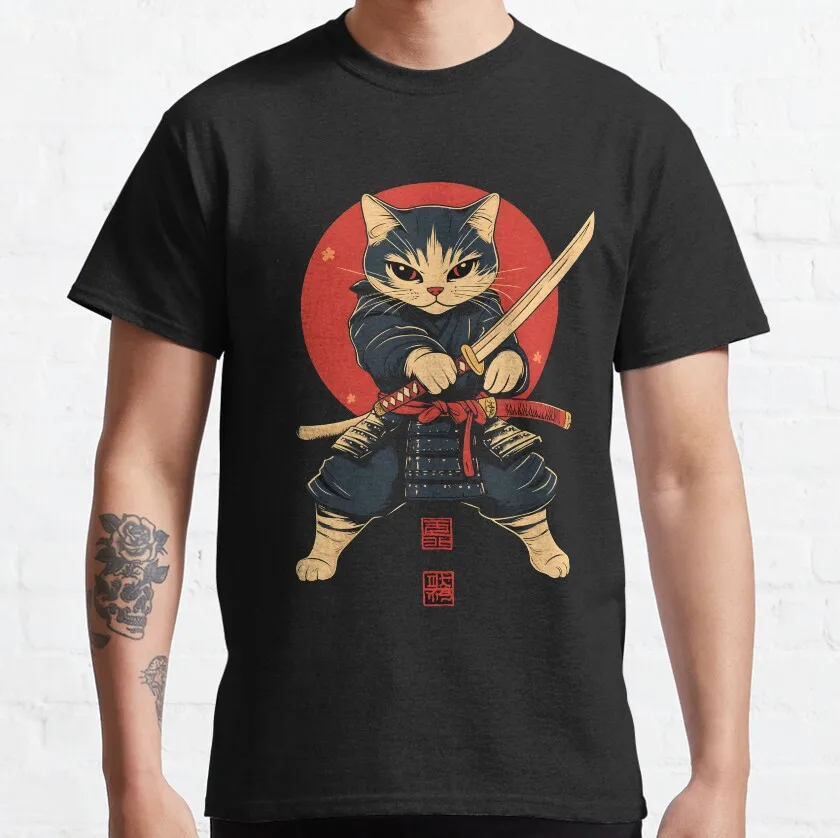 

Vintage Samurai Cat Japan Japanese Anime Martial Arts Warrior Character cartoon sword anime T-Shirt plus size printed clothing