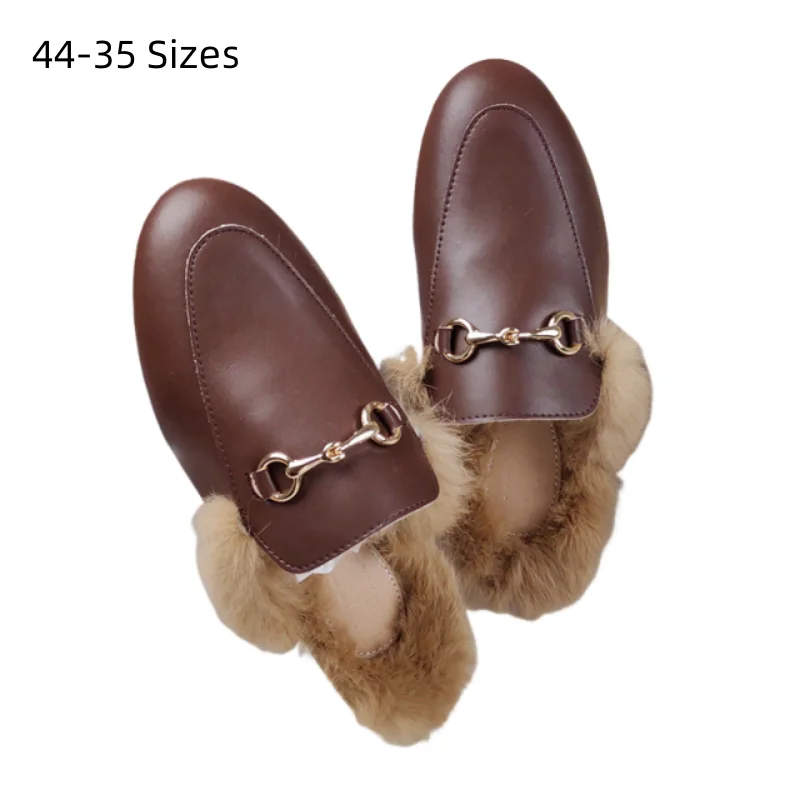 

Lady Imitation Rabbit Hair Winter Warm Shoes Short Plush Front Closed Toe Half Slides For Outdoor Leather Metal Chain Slippers