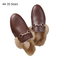 Demi-glissières en poil de lapin pour femme, chaussures d'hiver chaudes, peluche courte, parka fermée à l'avant, pantoufles en cuir et en métal pour l'extérieur, 216.239.