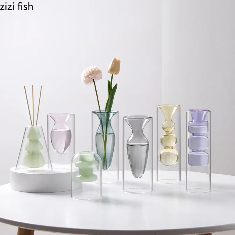 Colorful Double-layer Glass Vase Artistic Aromatherapy Bottle Transparent Hydroponic Dried Flower Vase Restaurant Desktop Decor