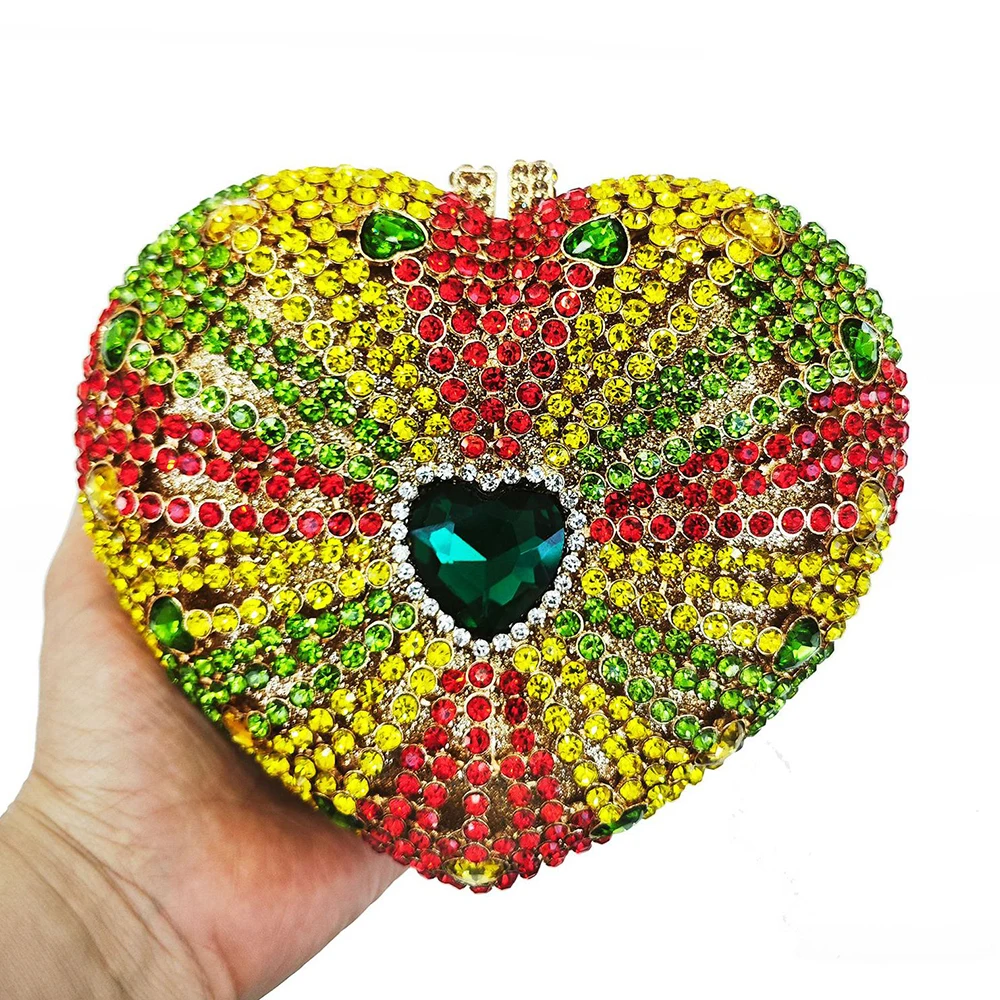 WHTUOHENG Heart-Shaped Rhinestone Evening Clutch Bag Crystal Stone Metal Box Minaudiere Handbag for Wedding Party