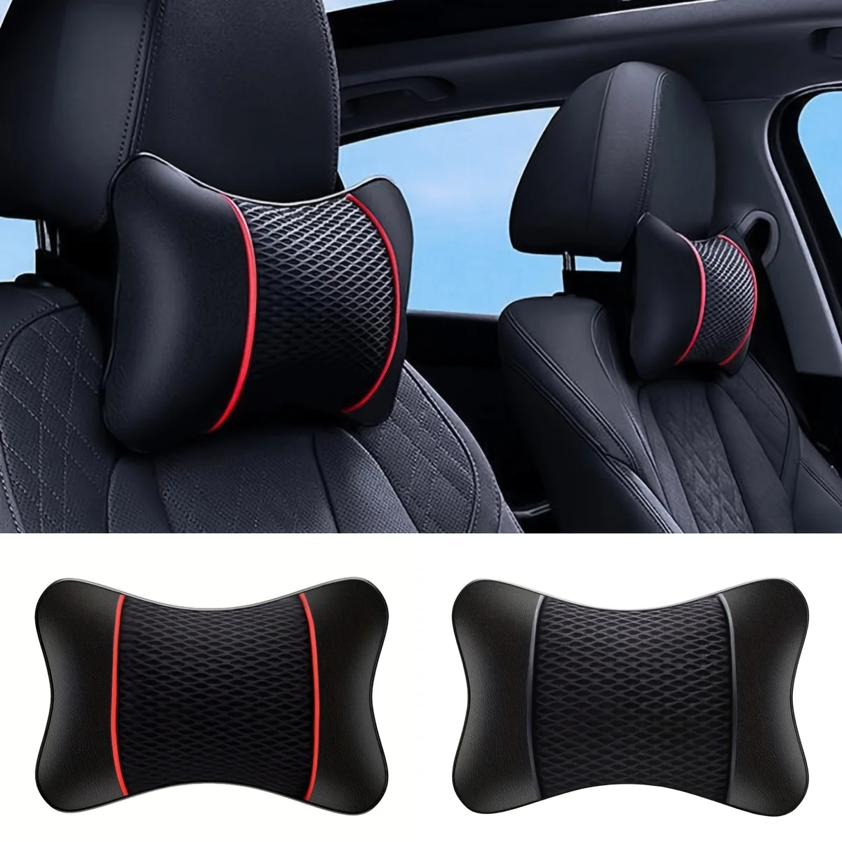 2 Stück PU-Leder Gestrickte Auto-Kopfstützen Nackenstützkissen Sitz-Zubehör Auto Schwarz Sicherheitskissen Universelle Dekoration