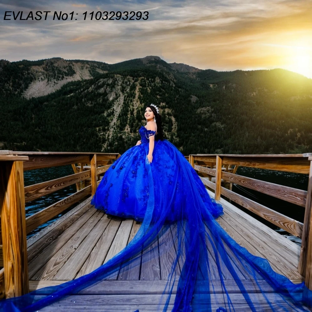 EVLAST Personalizzato Lucido Royal Blue Abito Quinceanera Abito di Sfera Glitter Applique di Pizzo Perline Dolce 16 Abiti Da 15 Anos E1QN566