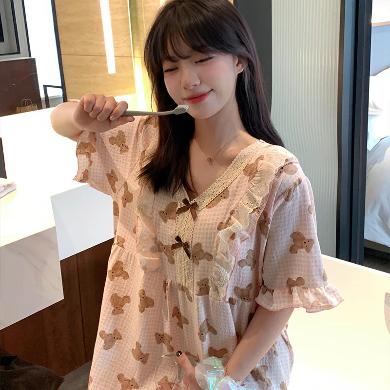 130kg Super Large Size House Long Dress Women\'s Extended Nightgown Summer Short Sleeve Pajamas Korean Students Loose Loungewear