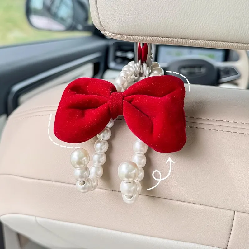 2pcs Car Rear Seat Hook White Pearl Cute Bow Hanger Hook Closed Design Auto Hook Stainless Steel Headrest Hooks Car Accessorie view 5