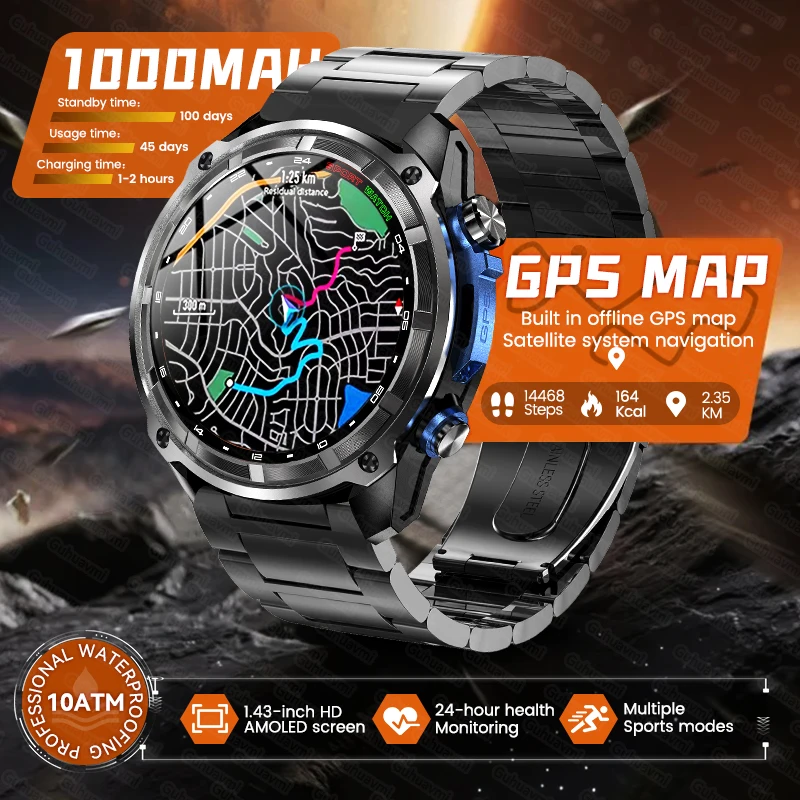 

New Men TANK GPS Map Smart Watch Outdoor Compass 1000mAh Large Battery 10ATM Waterproof Bluetooth Call Sports AMOLED Smartwatch