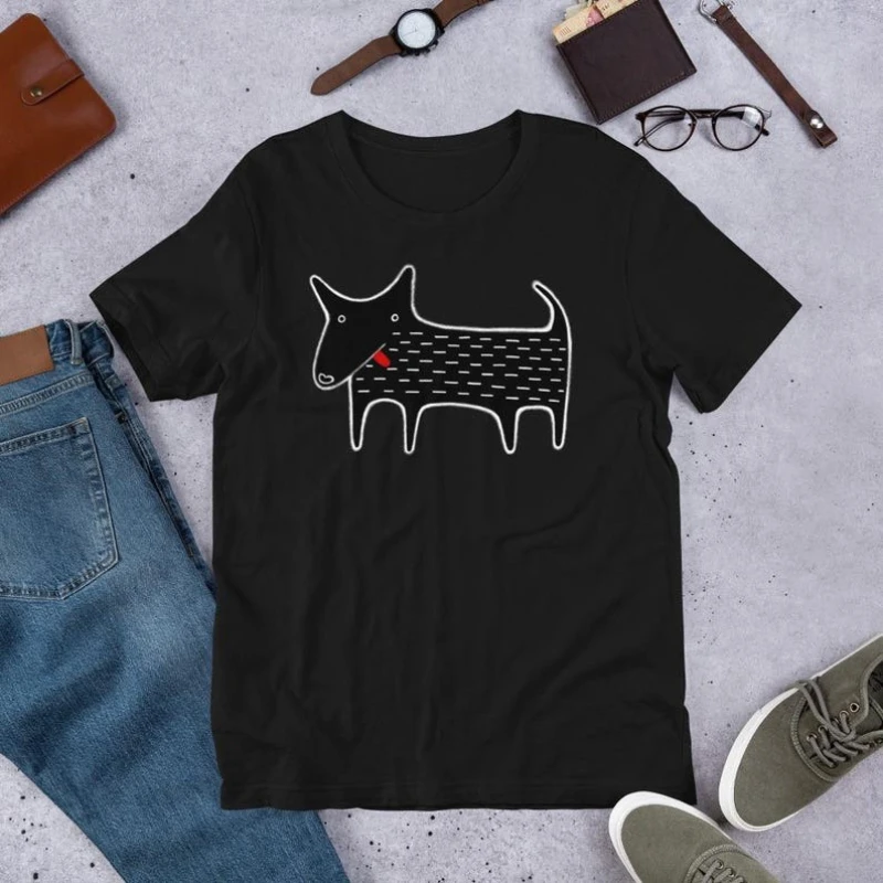 Men Women Graphic T‑Shirt Retro Abstract Hand Drawn Dog Art Print Short Sleeve Unisex O‑Neck Casual Minimalist Streetwear Tops
