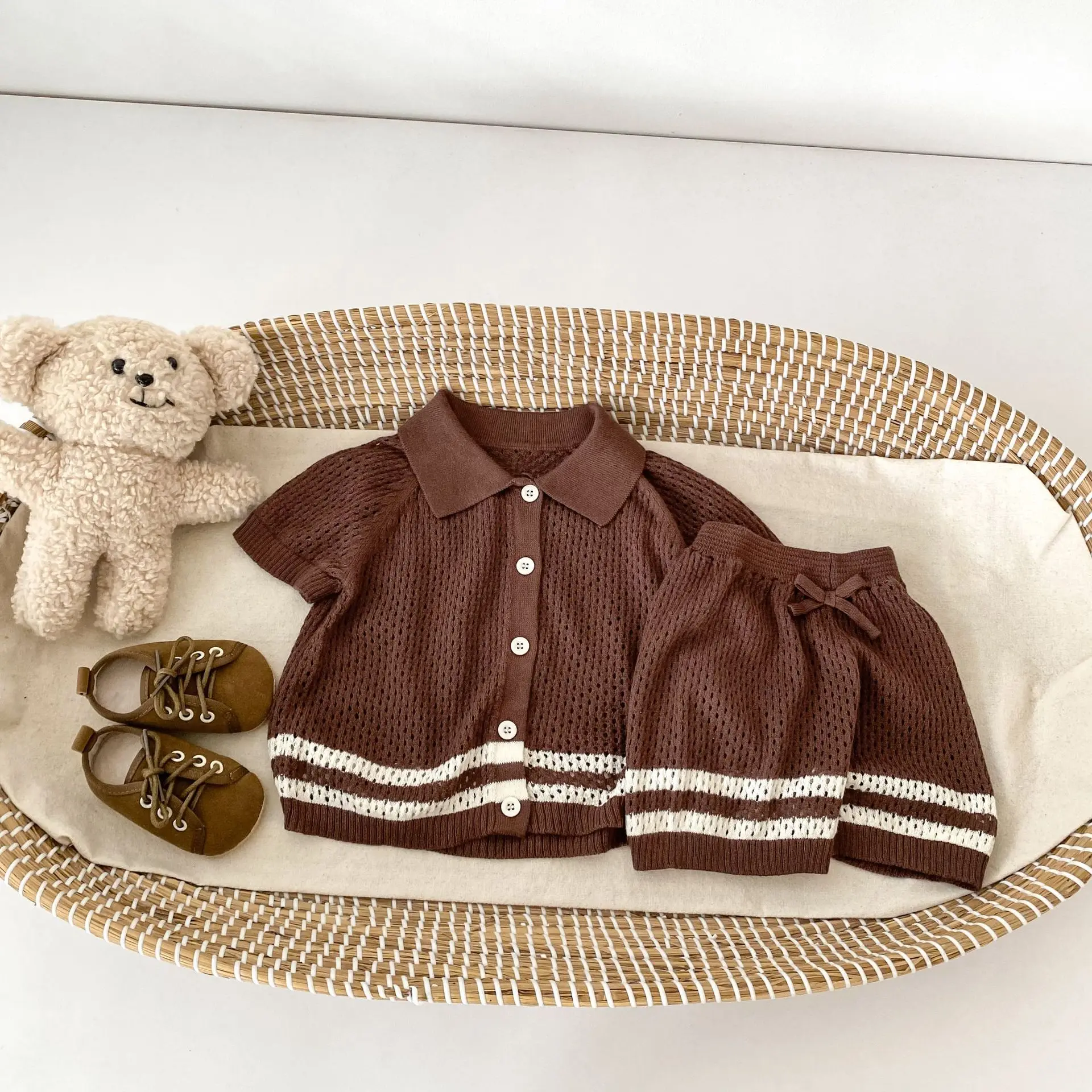 Kids Knit Set 2026 Summer Mesh Hollow Out Short Sleeve Top + Pants 2PCS Baby Boy Girl Outfit
