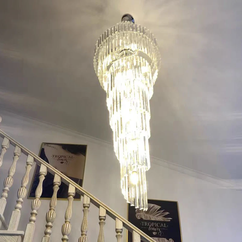 

Long Staircase Crystal Chandelier Modern Loft Crystal Lamp Long Chandelier Simple Luxury Villa Living Room Large Chandeliers