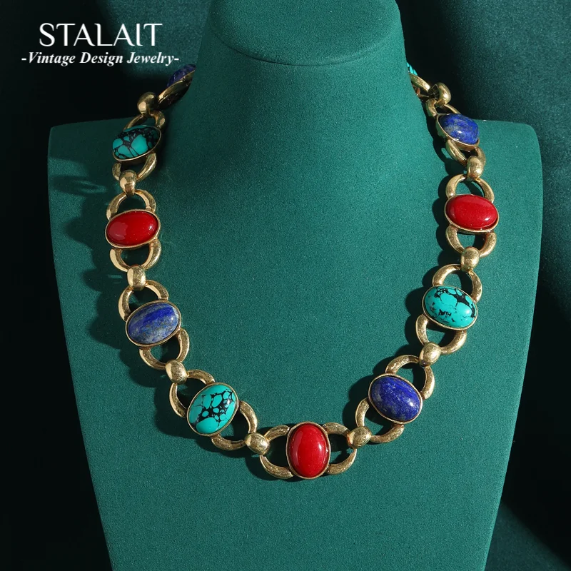 

Винтажное ожерелье, женские ювелирные изделия, качественный натуральный камень, овальные золотые звенья, цепочка, аксессуары, роскошный дизайнерский большой колье-воротник