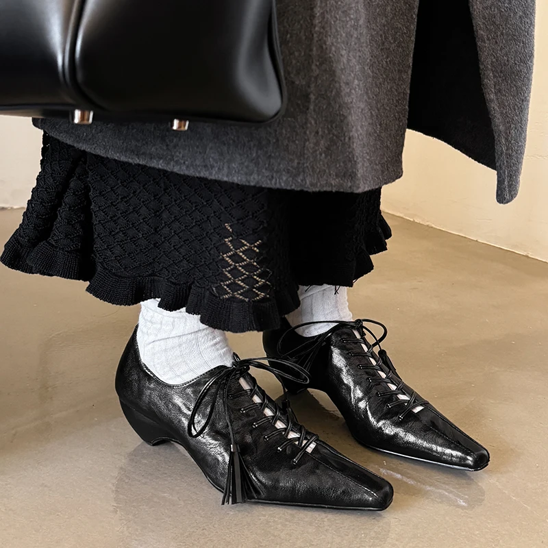 2025 New Spring Autumn Genuine Leather Lace Up Pumps Retro Women Square Toe High Heel Casual Pumps Young Ladies Daily Walk Shoes