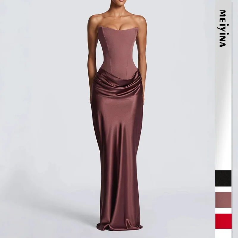 

2026 New Solid Color Slim-Fit Sexy Strapless Bodycon Long Dress Satin Tie-Waist Dress With Ribbons