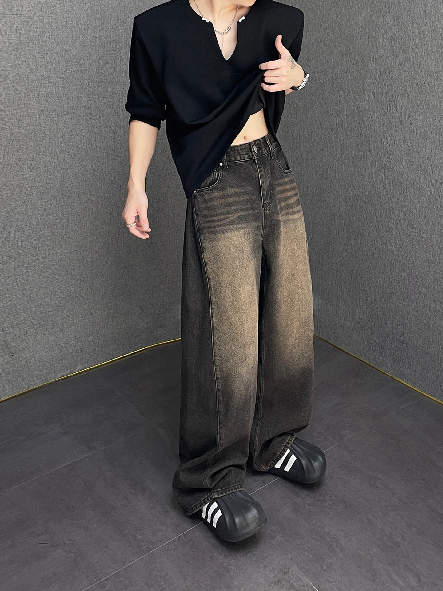 

Retro American Sle Men's Jeans Vintage Faded Wide Leg Pants Low Waist Zipper Closure Casual Loose Fit Autumn Spring