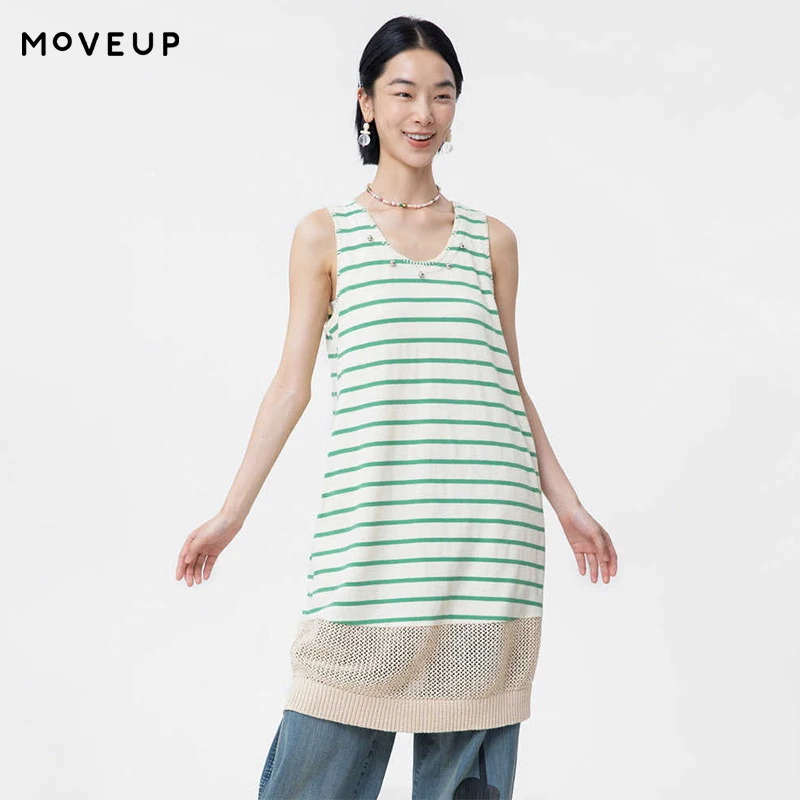 

MOVEUP Sleeveless Straight Dress 2026 Summer New Embroidered Collar Striped Patchwork Hollow Hem Casual Knitted Dress 125211309