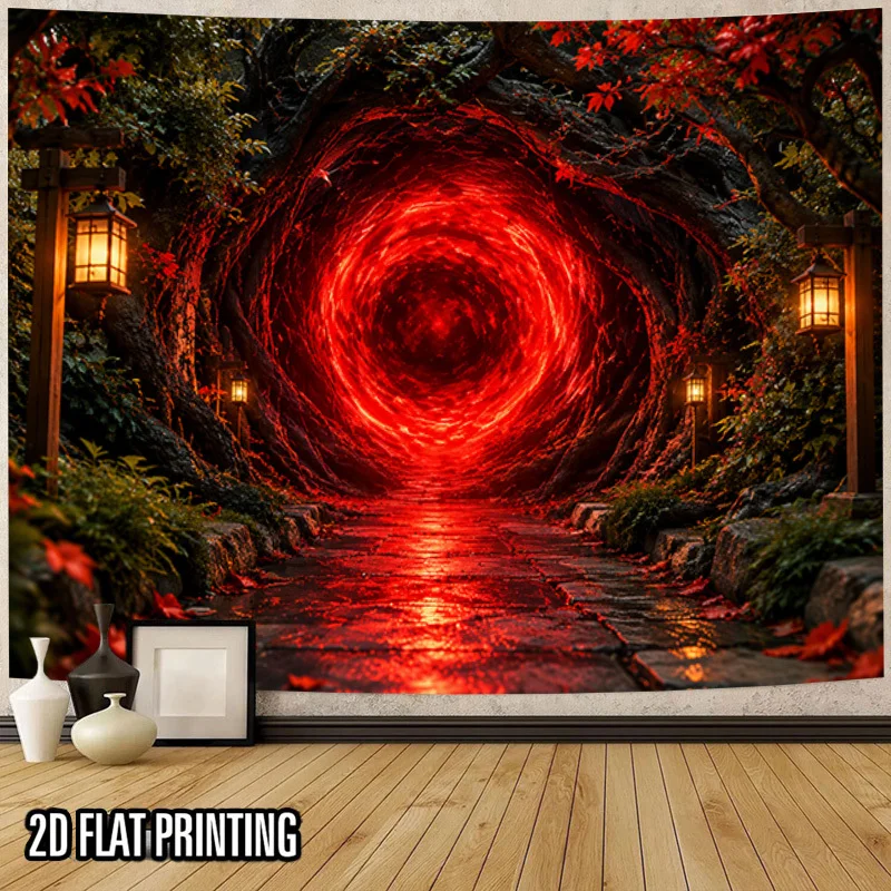 Magic Vortex Tapestry, Red Portal Tree Tunnel Stone Path Maple Leaf Lantern Fantasy Print Wall Hanging Bedroom Dorm Home Decor