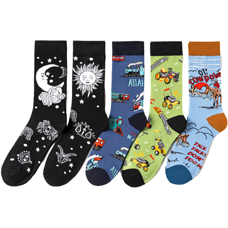 5 Pairs of Neutral Cool Fun Hiphop Casual Pastel Bag Long Tube Set for Men Fashion Printing Cotton Cotton Sports Running Socks
