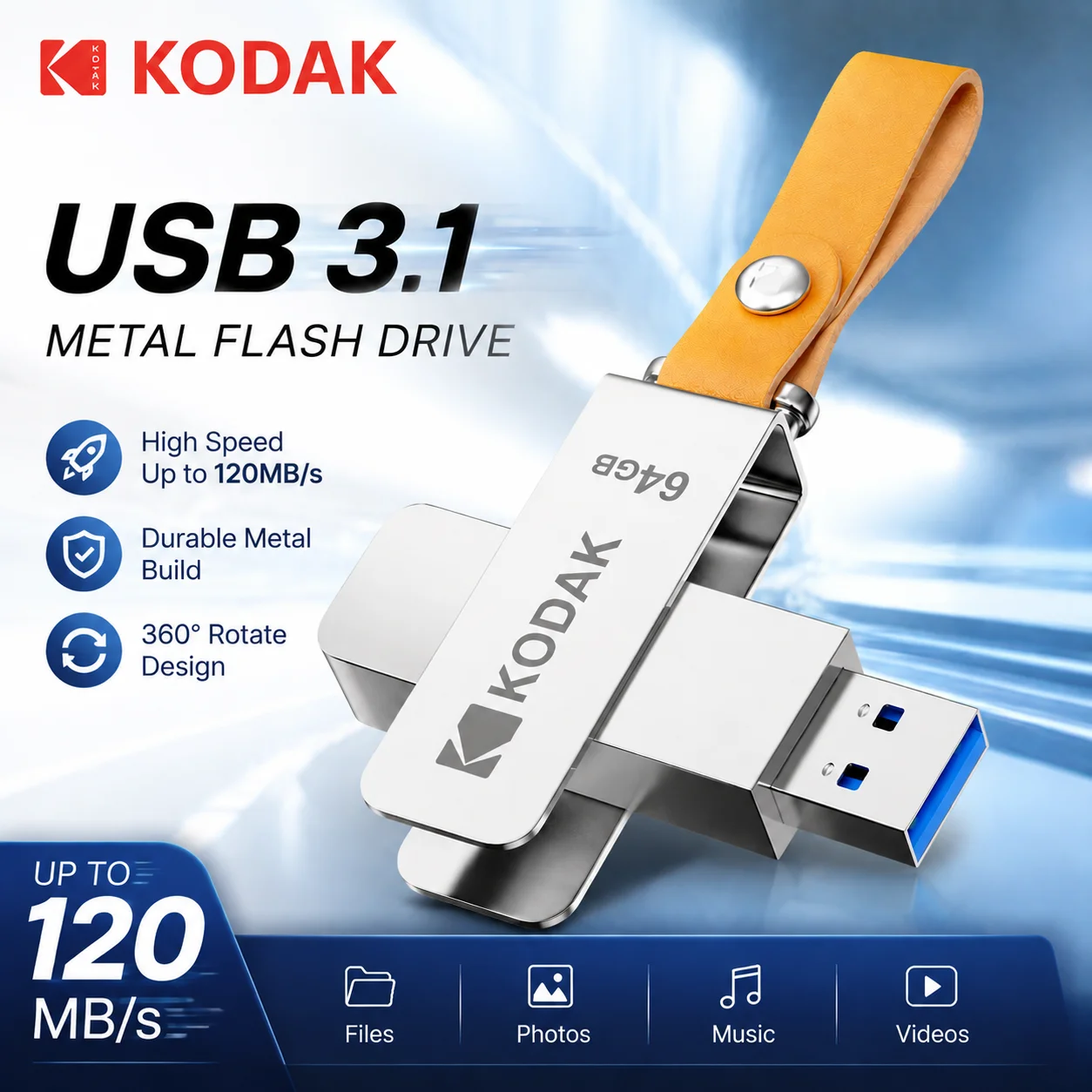 コダック K133 USB 3.1 メタルフラッシュドライブ 64GB 128GB 256GB 回転式USBスティック ポータブルメモリ ペンドライブ レザーストラップ付き