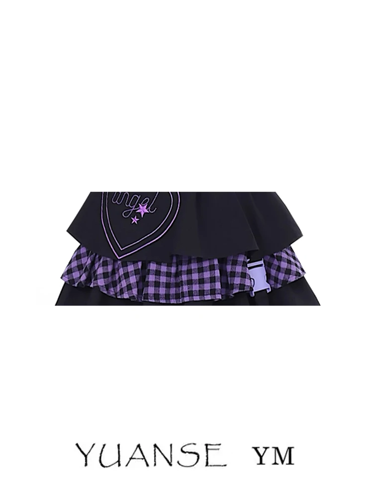 Japanese Millennium Hot Girl Style Heart Printing Plaid Short Stitching Y2K Skirt High Waist A-line Mini Pleated Skirts Women