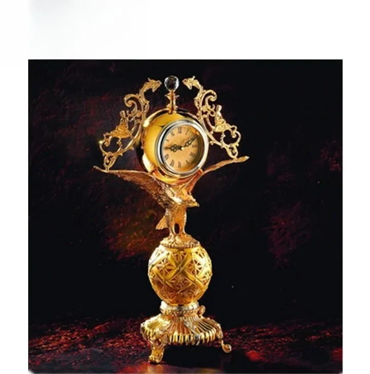 

European Art Decor Gilt Bronze Desk Clock, Fantastic Full Solid Brass Decorated Eagle Clock