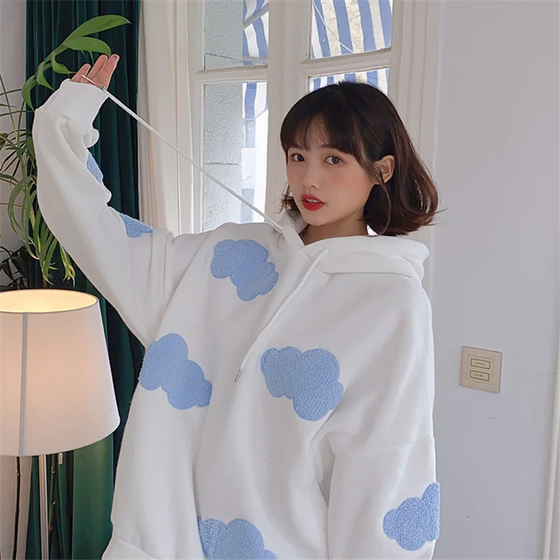 Autumn Winter Women Blue white cloud Hoodie Thick Warm Female Fleece Hoodies Oversize Sweatshirt Top Ladies  Hooded Top coat