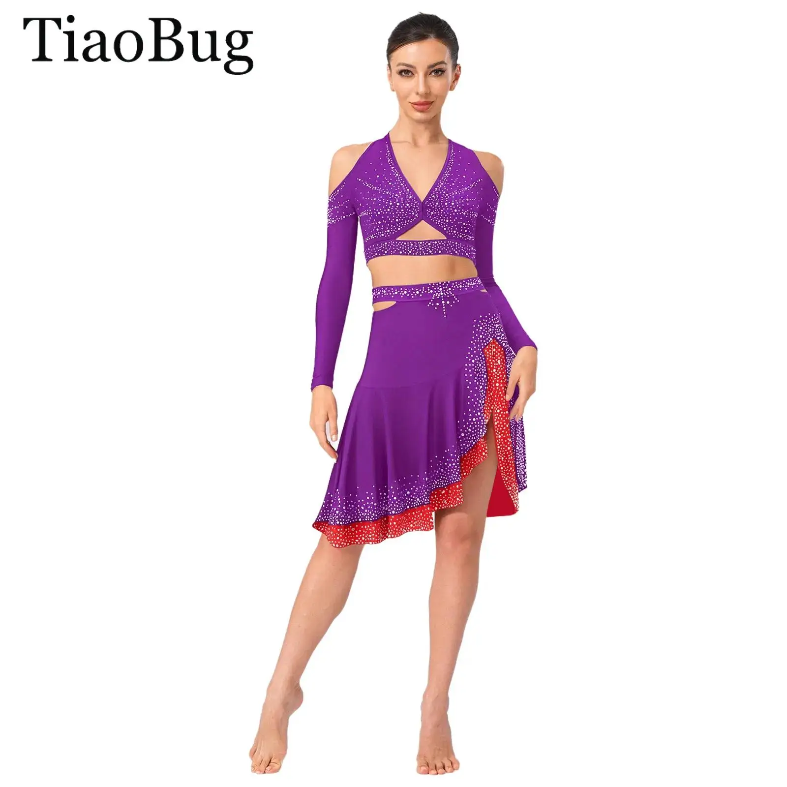 Donne Jazz Balletto Abiti da ballo latino Strass Halter Manica lunga Crop Top con gonna Pattinaggio lirico Performance Dancewear