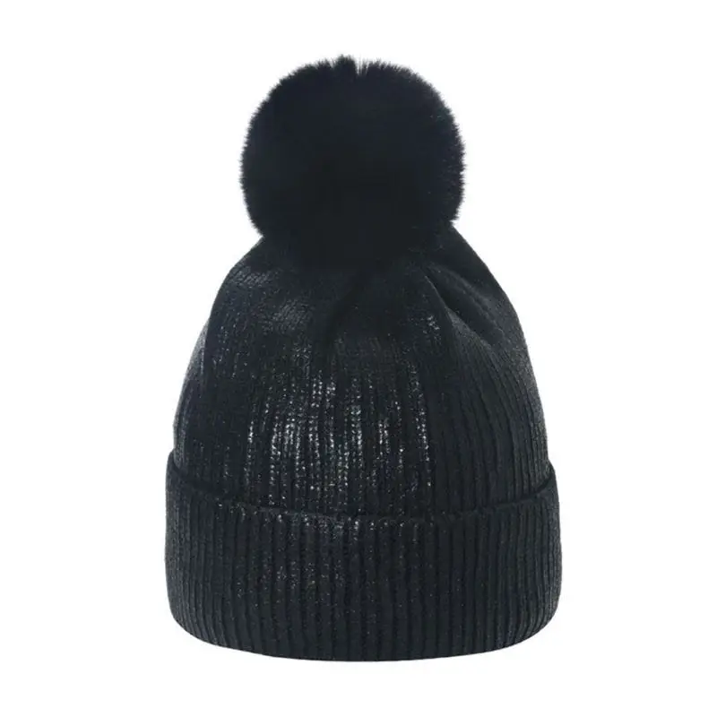 ladies women girl fashion Winter shining metallic beanie hat with pompom