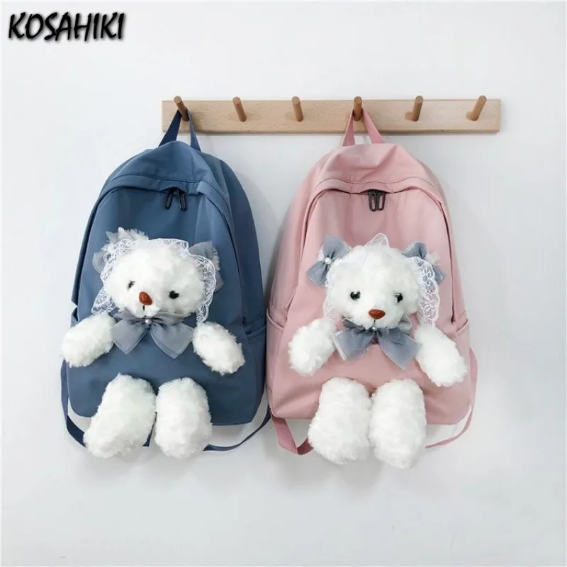 

Japanese Cartoon Sweet Kawaii Women Bags Y2k Preppy Lace Bow Fluffy Bear Design Schoolbag Fashion Girls All Match Cute Backpacks