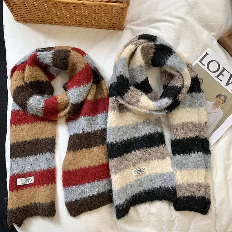 Fashion Wool Knitted Practical Scarf Women 2024 New Autumn and Winter Senior Atmosphere Striped Line Bib Neck Guard Male Tide