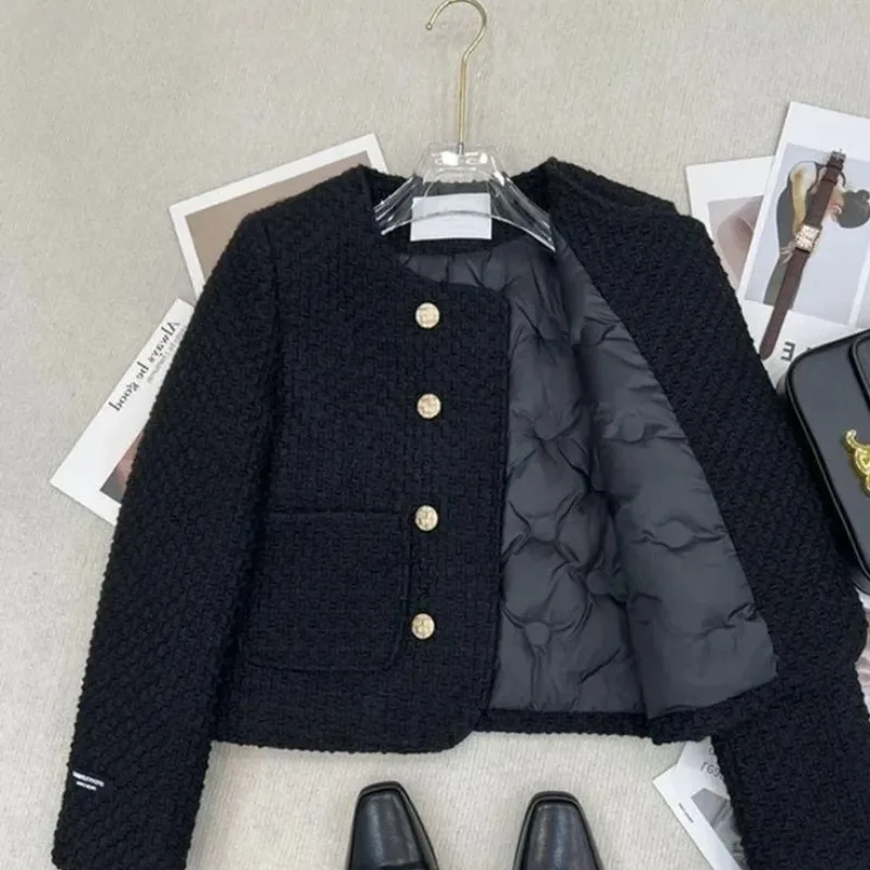 

Double-breasted Woolen Coat Women Round Neck Pocket Winter Outerwear Fill The Velvet Inner Liner with Cotton Formal Short Jacke