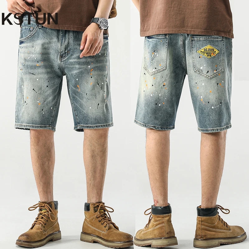 

2024 Summer Short Jeans Men Pants Painting Printed Light Blue Stretch Denim Shorts Men Streetwear Punk Style Motocycle Jeans Boy