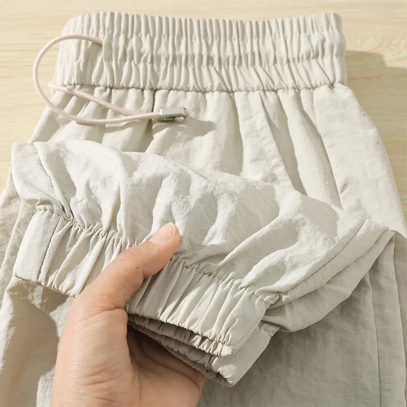 

Ice Silk Loose Fit Casual Pants Men's High Waist Trousers Summer Thin Qui Dry Sports orts Pure Color Bunch Foot Cool Feeling