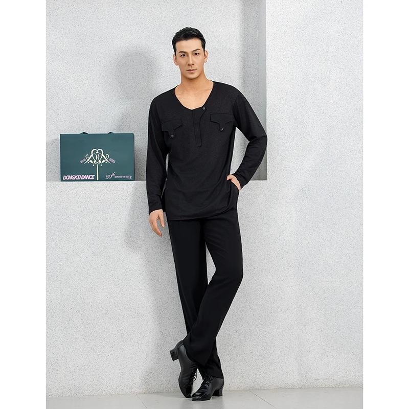 Costumes de danse modernes pour hommes, haut de danse latine noir à manches longues, vêtements de danse latine Samba Chacha pour adultes, costume d'entraînement DQL11831