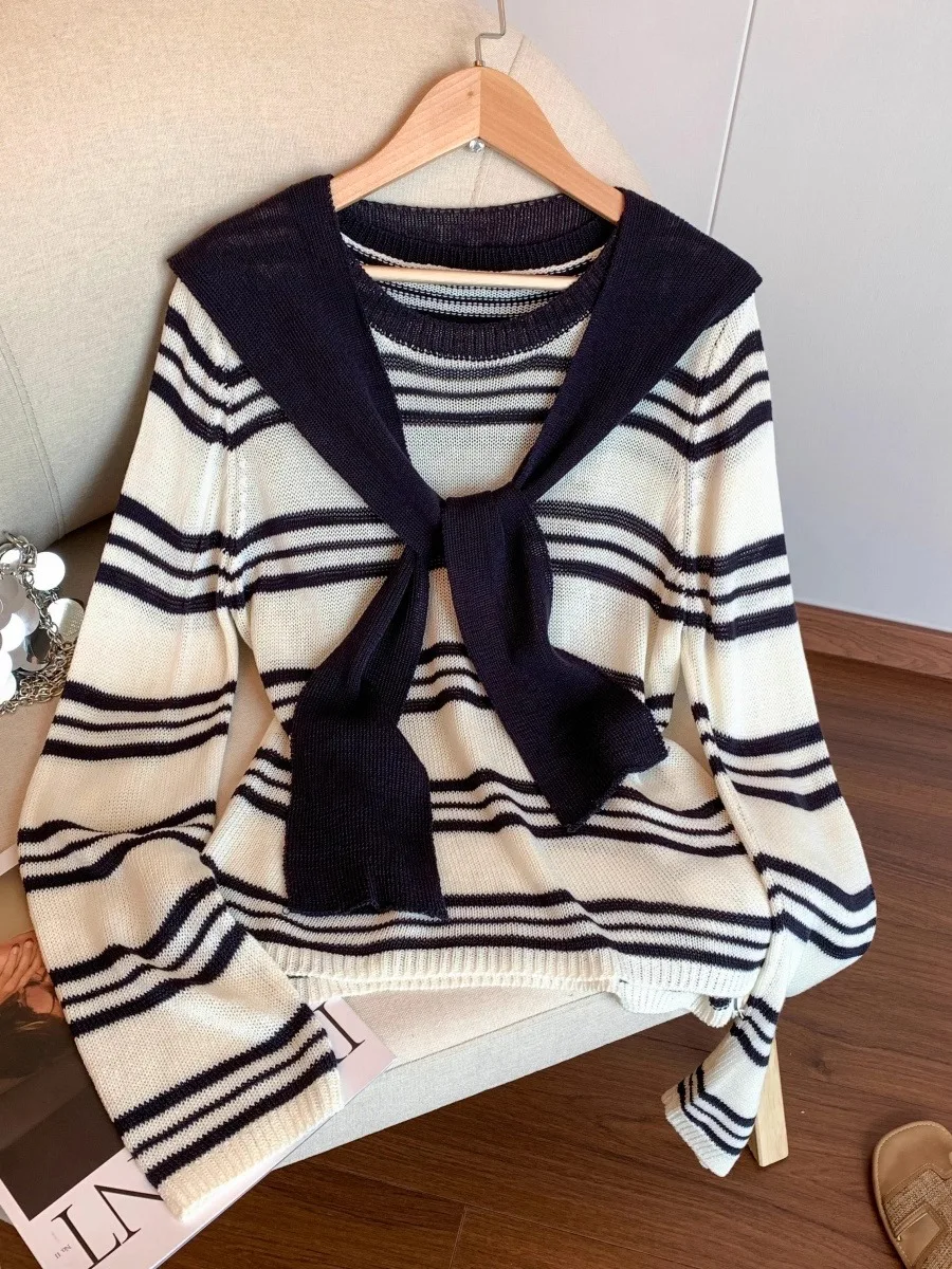 

Свободный вязаный женский свитер в полоску с длинными рукавами и накидкой на плечи, комплект из двух предметов, удобный крой, корейский стиль, для повседневной носки