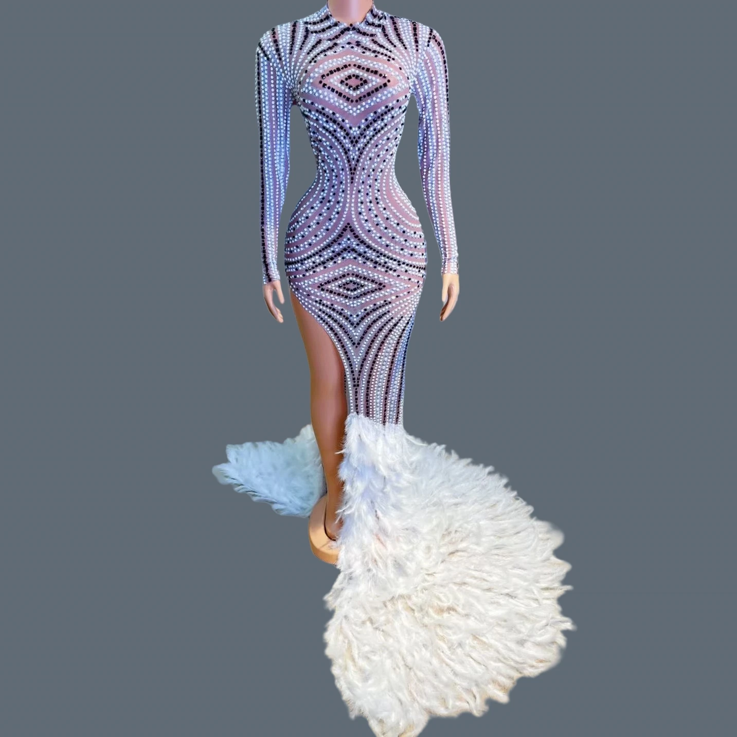 

Women Bandage Feather Floor-length Dress High-end High Side Slits Rhinestone Photo Shoot Wear Nightclub Party Show Outfit Tuoluo