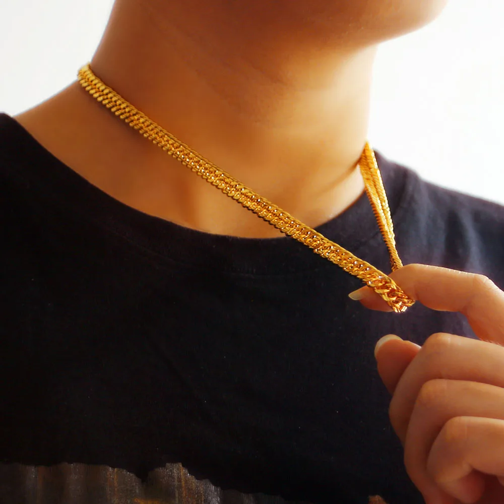 Shiny Luxury Men\'s Necklace 925 Silver 24k Gold Plated 8mm Cuban Chain Cool Teens Delicate Clavicle Chain Choker Party Jewelry