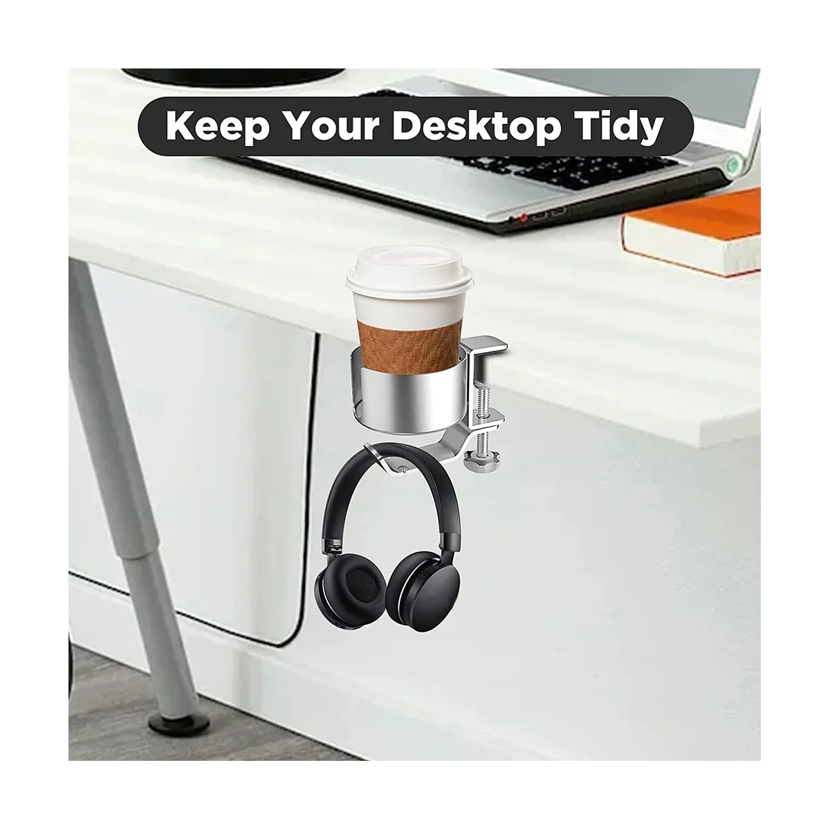 Desk Cup Holder com Headphone Hanger, suporte resistente a derramamento, garrafa de café e fone de ouvido-Prata, 2 em 1