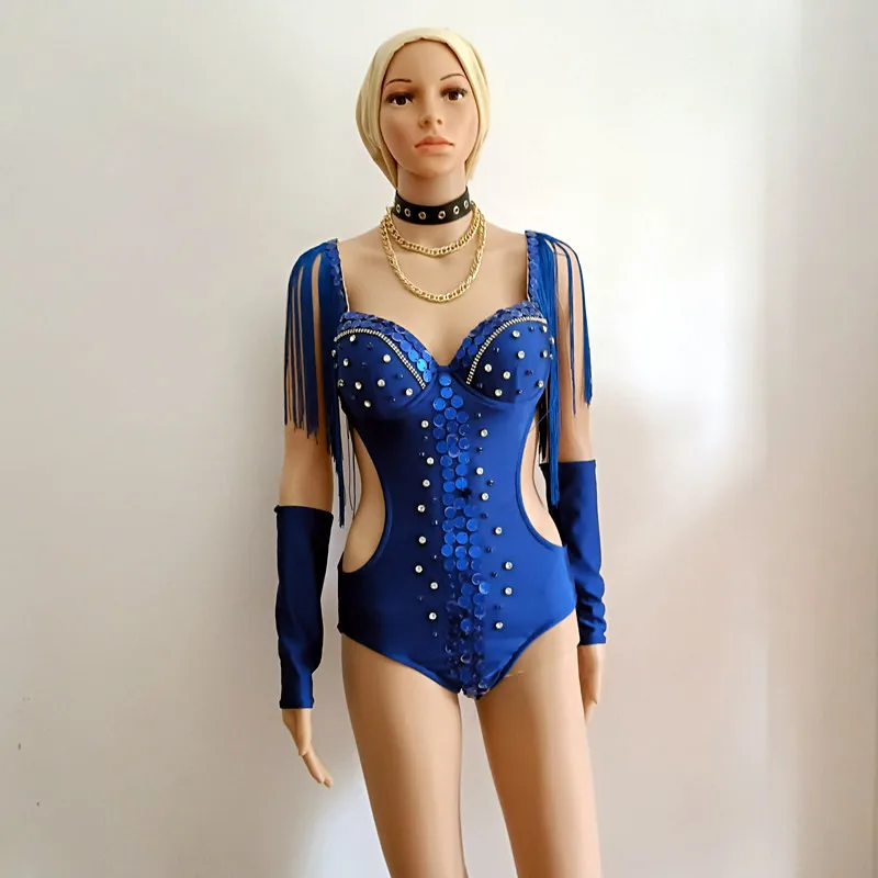 Blauwe spiegel franje bodysuit met handschoenen sexy stage performance kostuum voor nachtclub bar vrouwen gogo danseres zanger team outfit