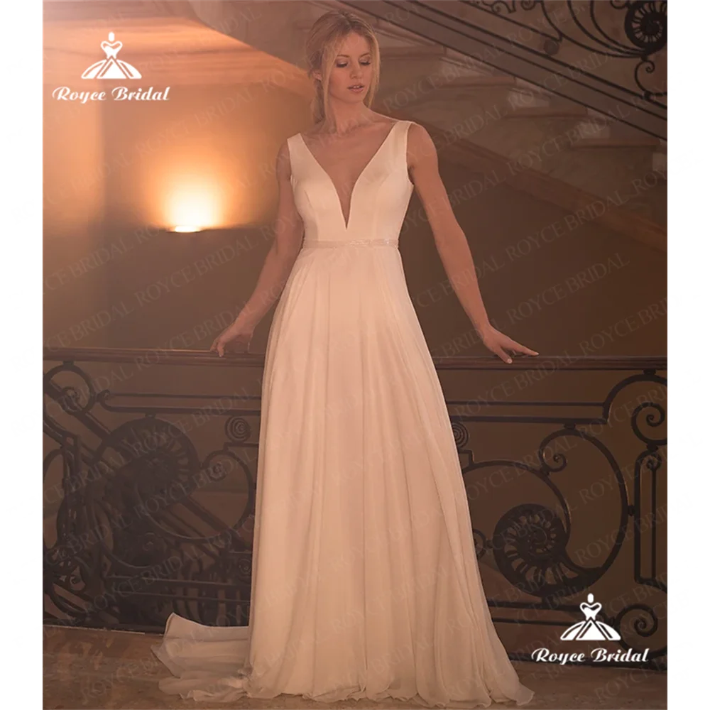 Roycebridal scollo A V una linea abito da sposa 2025 raso Chiffon corte treno abito da sposa muslimde noivasuknia el. Lubnavestido de