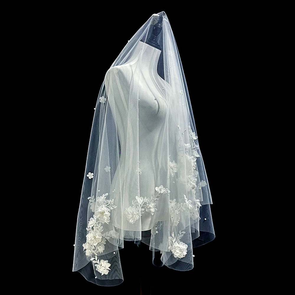 Light Luxury 2 Colors Bridal Veils Women's Wedding Veil Solid White Flowers Applique Floor Length Wedding Accessories