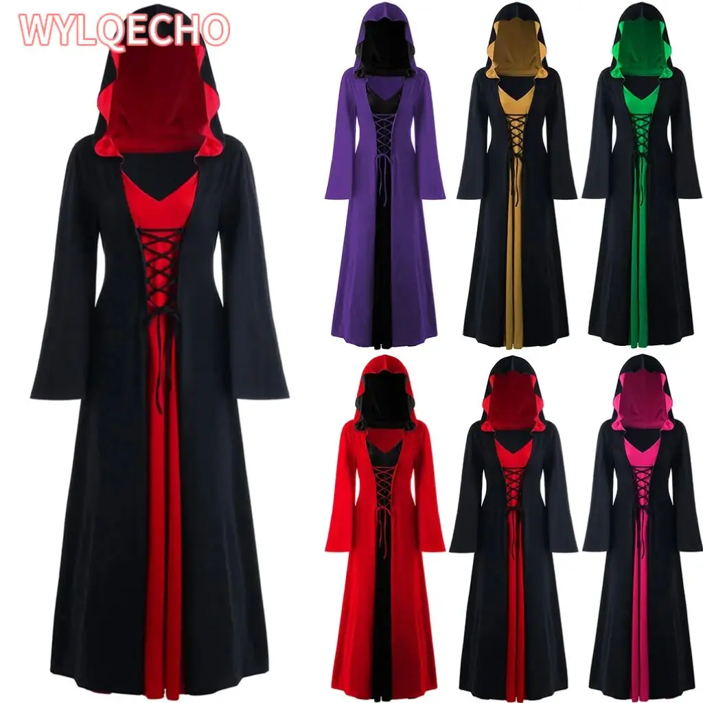 

Medieval Dress For Women Lace-up Vintage Hooded Cloak Robe Adult Costume Retro Cosplay Halloween Scary Vampire Witch Long Dress