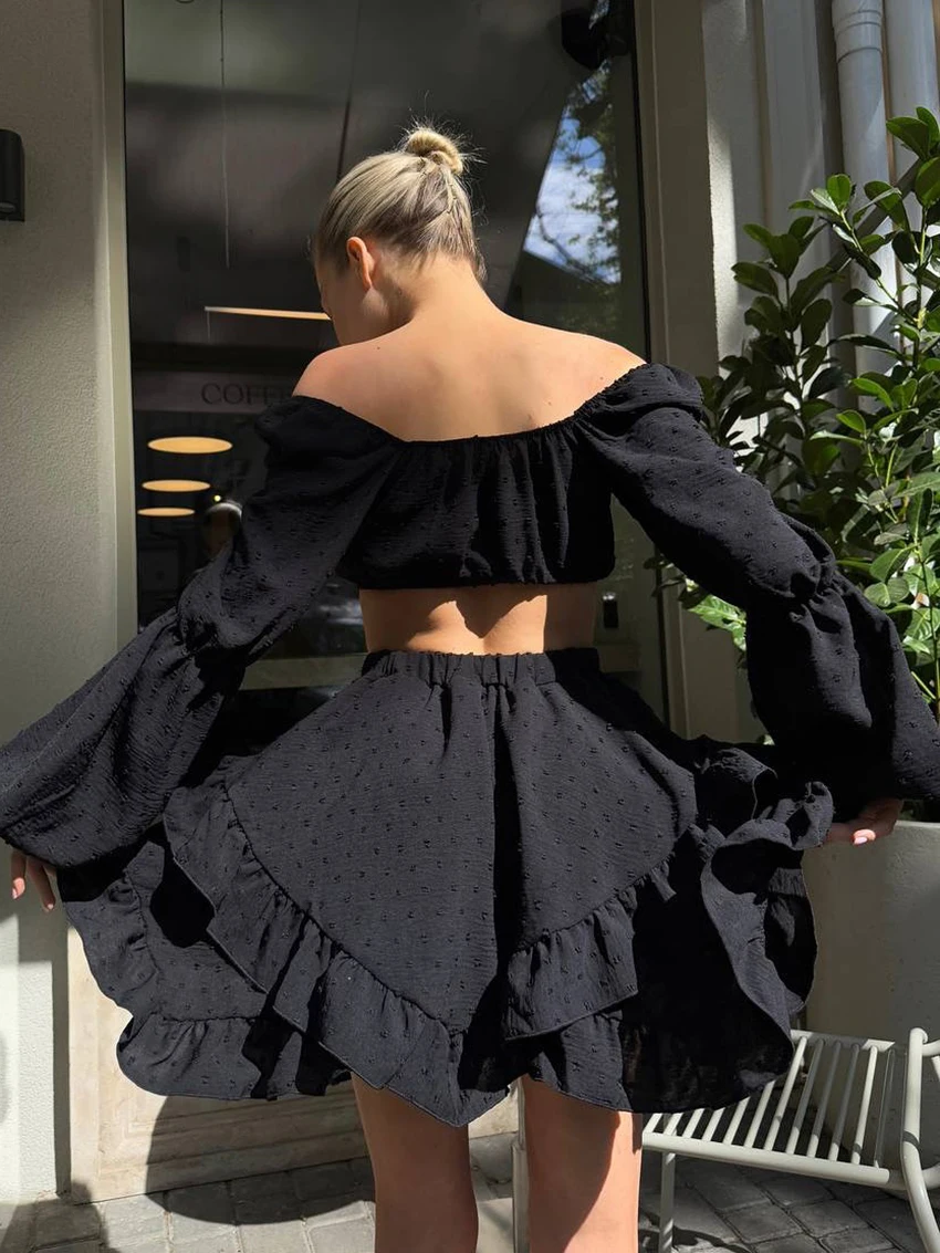 Marthaqiqi Casual Women'S Pajamas 2 Piece Set Crop Top Nightie Long Sleeve Nightwear Slash Neck Nightgowns Skirts Sleepwear Suit