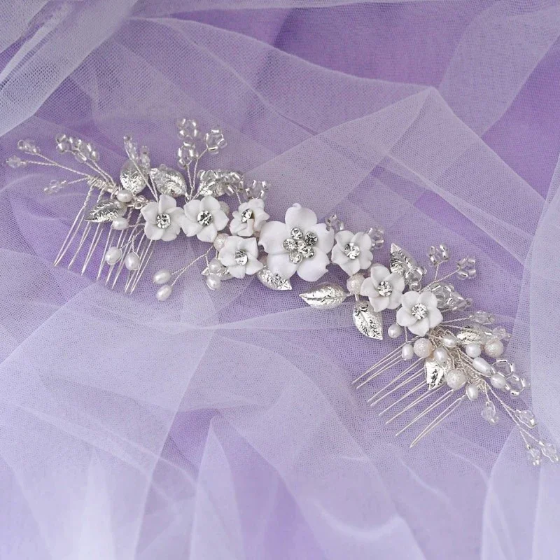 White Floral Wedding Hair Comb Crown Silver Color Pearls Bridal Headpiece Handmade Women Hairpiece Accessories