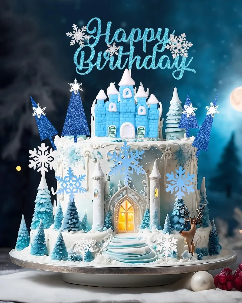 14pcs Snowflake Cake Decorations Blue Castle Tree Cake Toppers Snowflakes Winter Birthday Party Supplies view 6