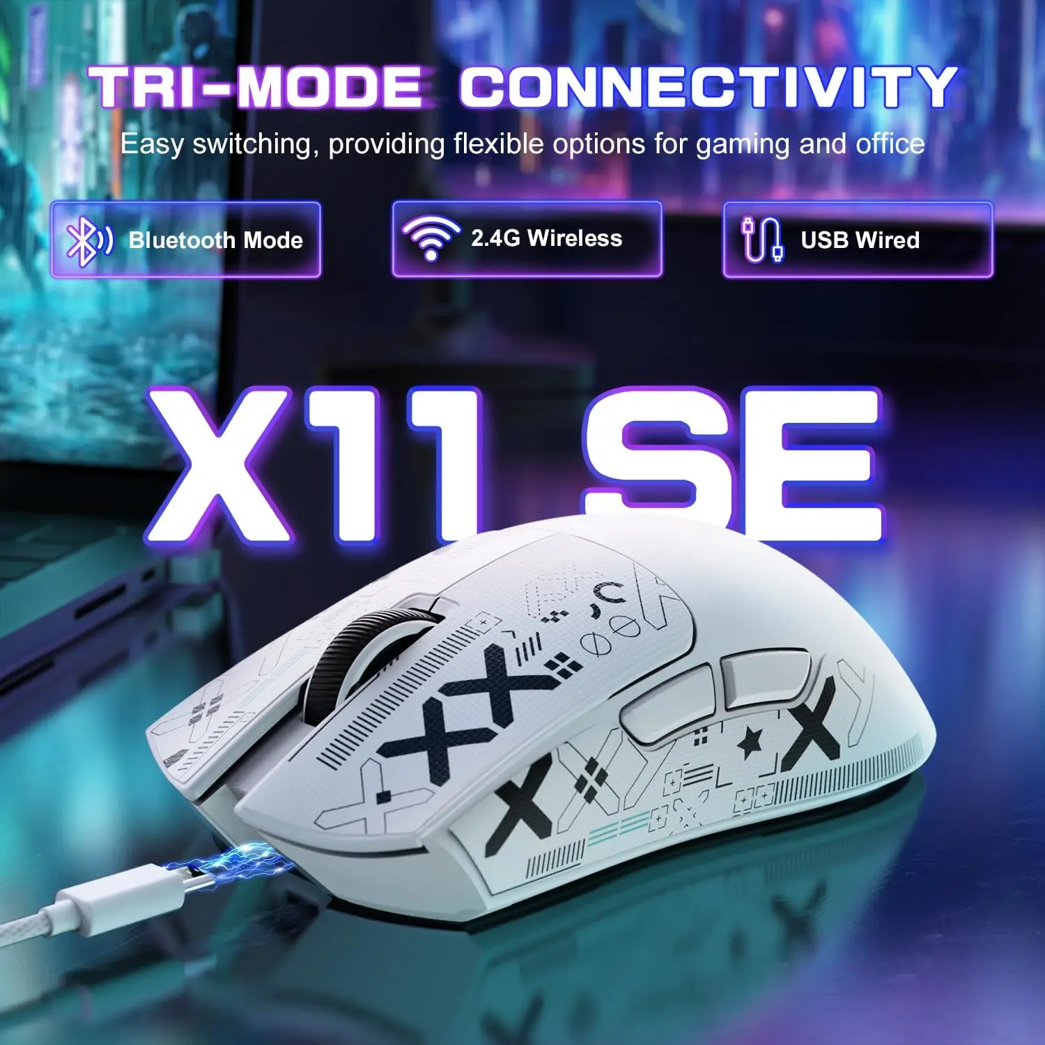 

Сверхлегкая беспроводная игровая мышь ATTACK SHARK X11SE, трехрежимная проводная BT5.2/Type-C/2,4G, игровой датчик PixArt PAW3311