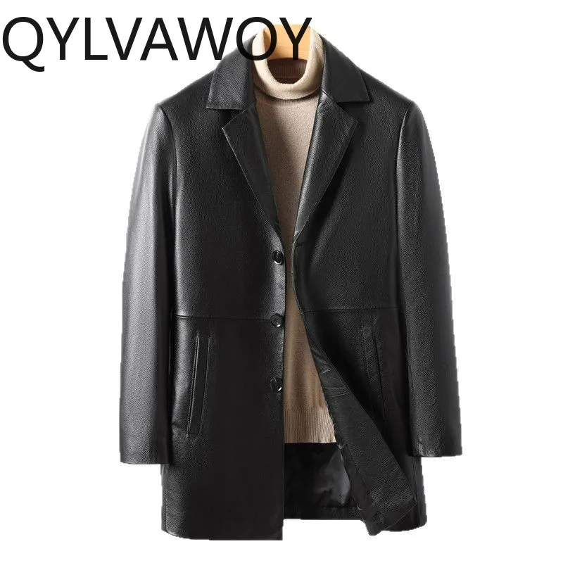QYLVAWOY Real Leather Jacket for Man Top Layer Cowhide Leather Jackets Man Mid-length Trench Coats Notched Lapel Jackets 가죽점퍼