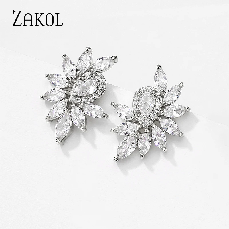 ZAKOL  Classic Luxury Leaf Drop Stud Earrings for Women Clear AAA Cubic Zirconia Charm Wedding Jewelry Earring EP2984