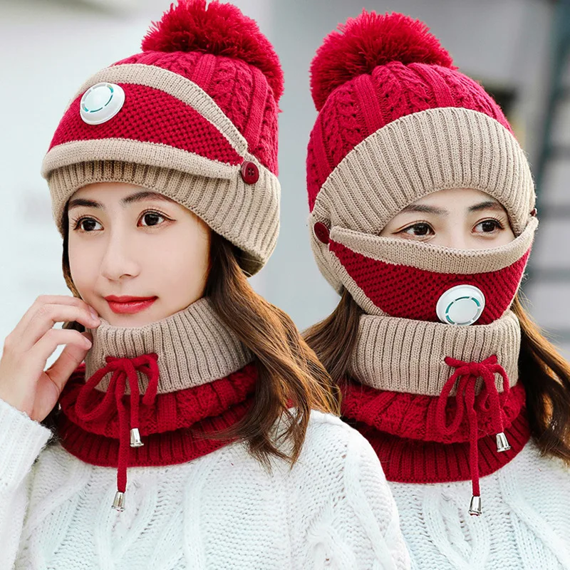 2025 nueva moda de invierno nueva gorra de ciclismo gorro de lana máscara bufanda de color sólido de moda de punto cálido conjunto de gorro de tres piezas