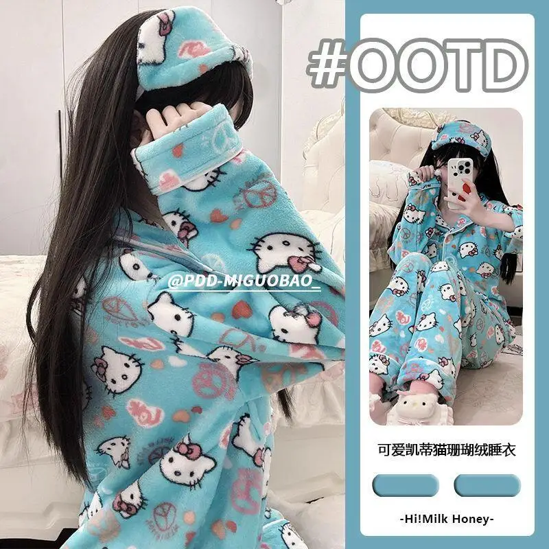 

Sanrio корейская версия пижамы 2 шт. Hello Kitty фланелевая домашняя одежда милый принт коралловый бархат осенне-зимний утолщенный комплект хит продаж