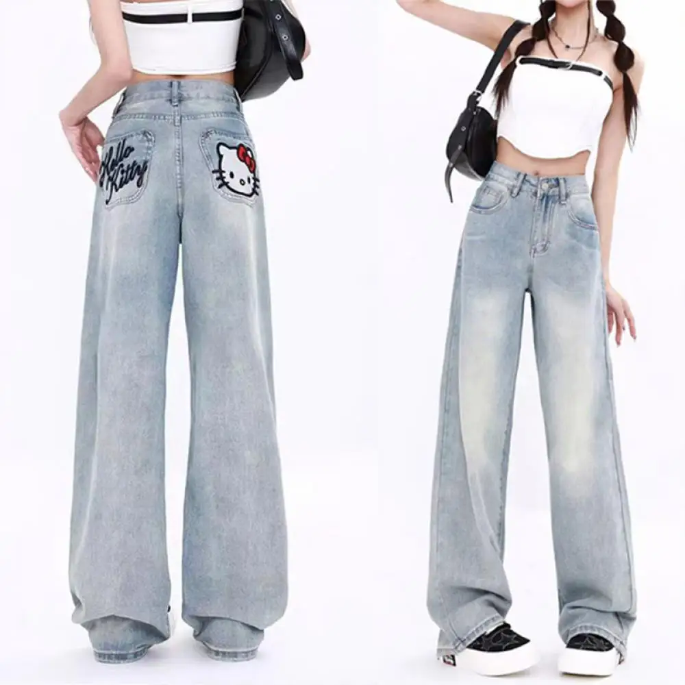 Hallo Kitty Y2K Jeans Sanrios Anime Kawaii Amerikanischen Stil Vintage Frauen Hosen Frühling Herbst Hohe Taille Trend Lose Wischen Hosen