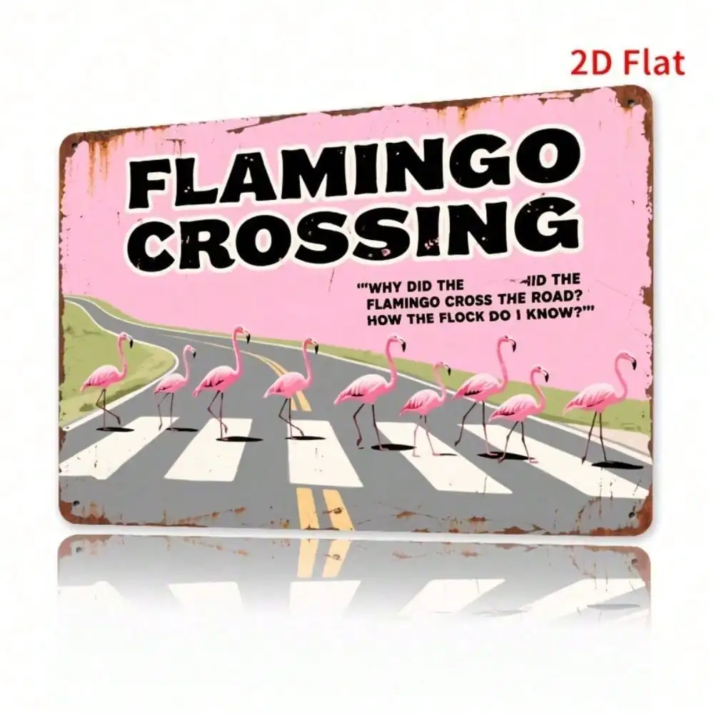 2D Flat Funny Flamingo Crossing Iron Plate, CIFBUY Metal Wall Sign, Rustic Decor for Country Bar Garage Man Cave Indoor Outdoor